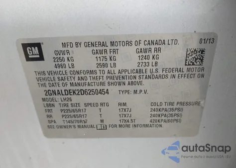 2013 Chevrolet Equinox 1Lt из США, поврежденный, VIN 2GNALDEK2D6250454